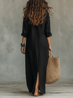 Shirt Collar Button-Down Maxi Dress - Long Sleeve Side Split | Meave & Ivy