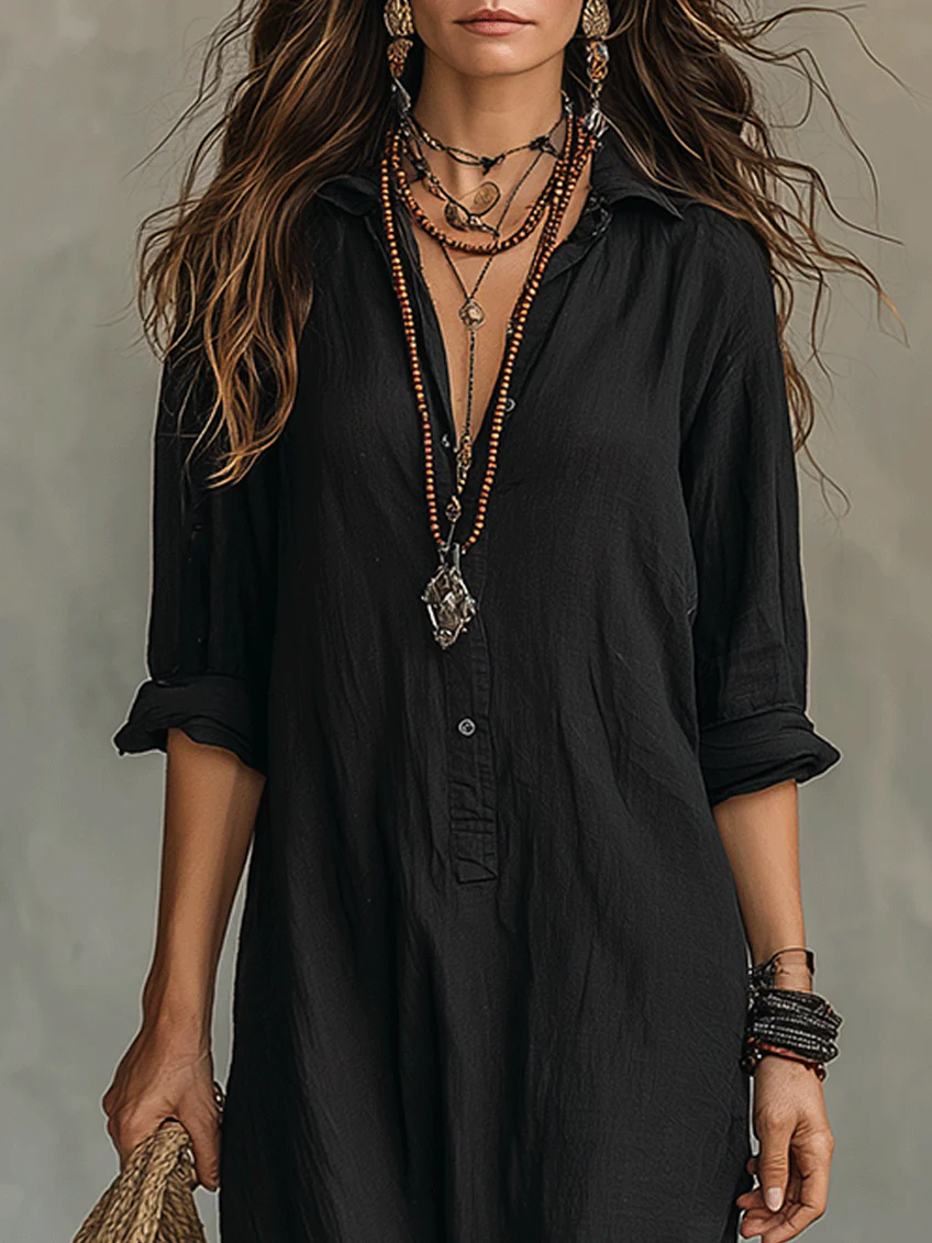 Shirt Collar Button-Down Maxi Dress - Long Sleeve Side Split | Meave & Ivy