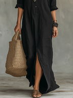 Shirt Collar Button-Down Maxi Dress - Long Sleeve Side Split | Meave & Ivy