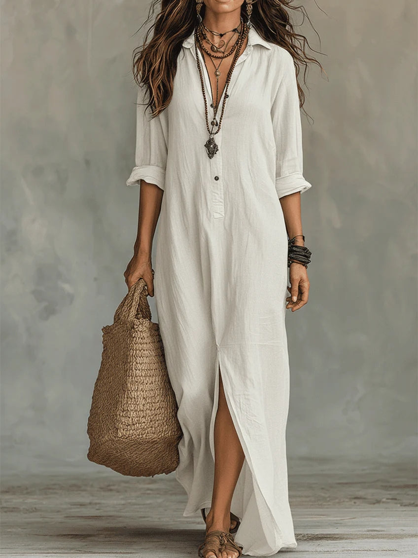 Shirt Collar Button-Down Maxi Dress - Long Sleeve Side Split | Meave & Ivy