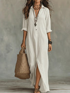 Shirt Collar Button-Down Maxi Dress - Long Sleeve Side Split | Meave & Ivy