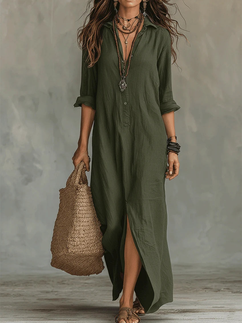 Shirt Collar Button-Down Maxi Dress - Long Sleeve Side Split | Meave & Ivy