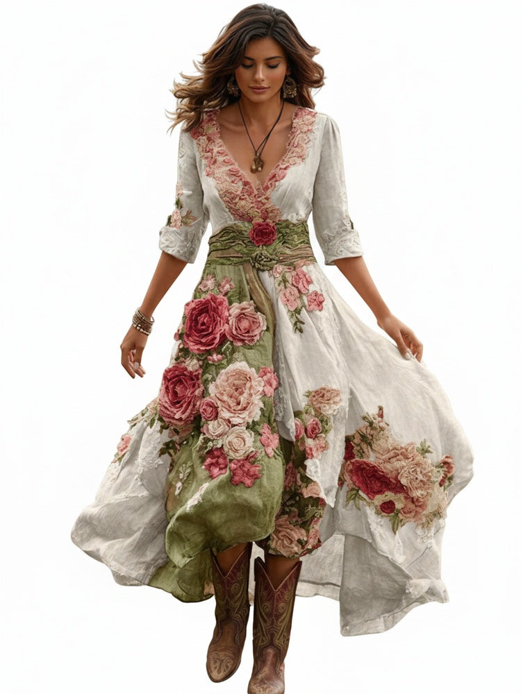 Floral V-Neck Midi Dress - Asymmetric Hem Summer Dress | Meave & Ivy