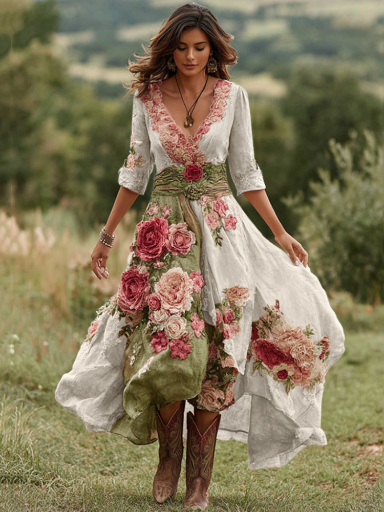 Floral V-Neck Midi Dress - Asymmetric Hem Summer Dress | Meave & Ivy