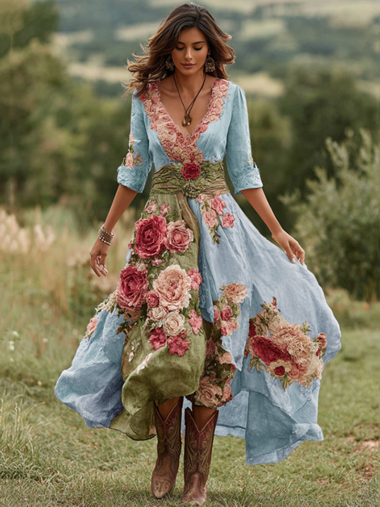 Floral V-Neck Midi Dress - Asymmetric Hem Summer Dress | Meave & Ivy