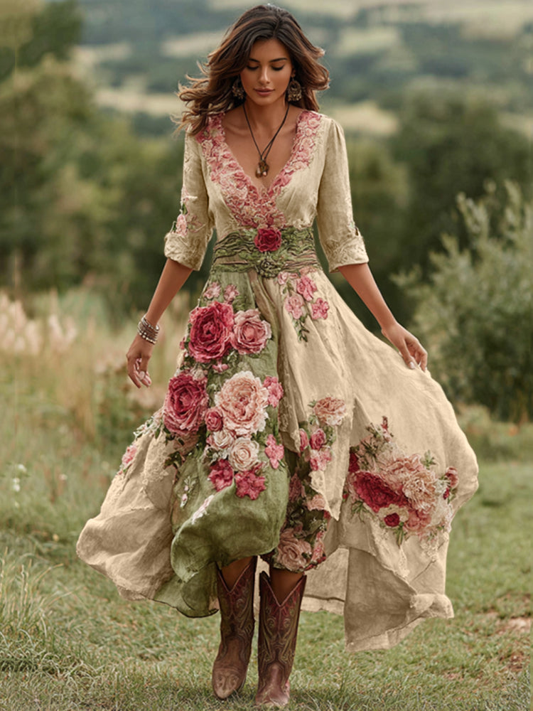 Floral V-Neck Midi Dress - Asymmetric Hem Summer Dress | Meave & Ivy