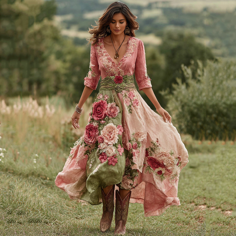 Floral V-Neck Midi Dress - Asymmetric Hem Summer Dress | Meave & Ivy