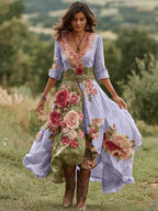Floral V-Neck Midi Dress - Asymmetric Hem Summer Dress | Meave & Ivy