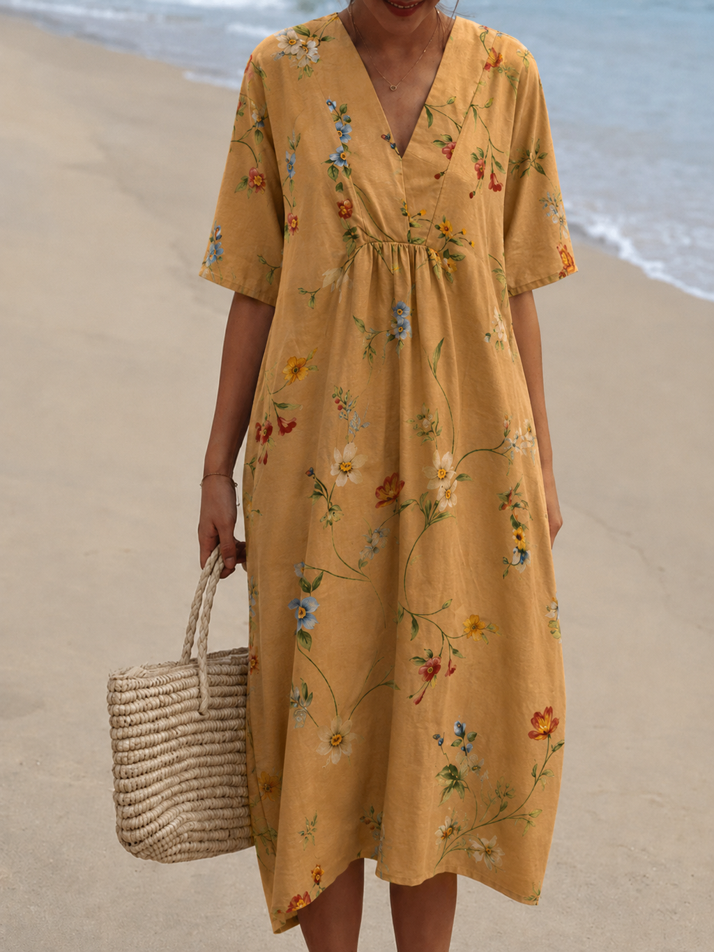 Floral V-Neck Midi Dress - Short Sleeve Summer Occasion Dress | Meave & Ivy