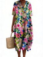 Floral V-Neck Midi Dress - Short Sleeve Summer Occasion Dress | Meave & Ivy