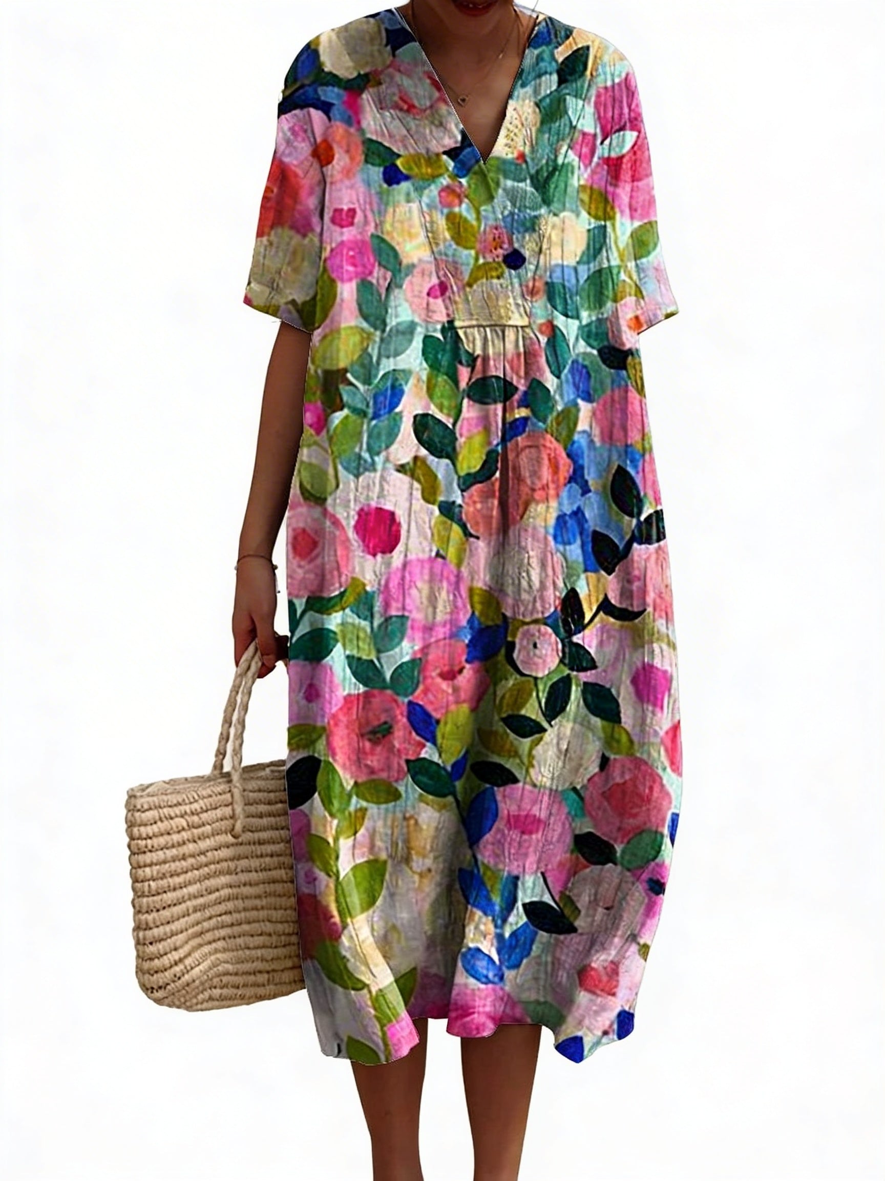 Floral V-Neck Midi Dress - Short Sleeve Summer Occasion Dress | Meave & Ivy