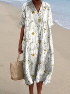 Floral V-Neck Midi Dress - Short Sleeve Summer Occasion Dress | Meave & Ivy