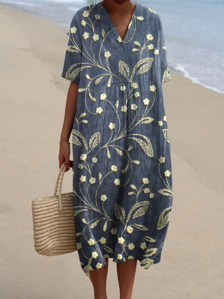 Floral V-Neck Midi Dress - Short Sleeve Summer Occasion Dress | Meave & Ivy