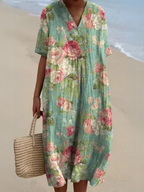 Floral V-Neck Midi Dress - Short Sleeve Summer Occasion Dress | Meave & Ivy