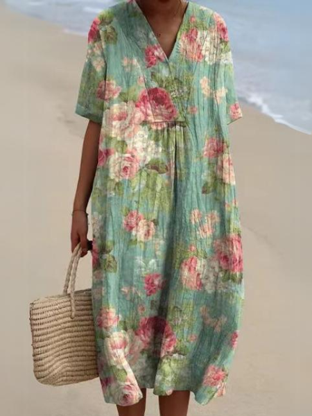 Floral V-Neck Midi Dress - Short Sleeve Summer Occasion Dress | Meave & Ivy