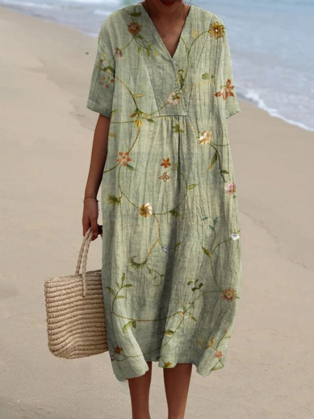 Floral V-Neck Midi Dress - Short Sleeve Summer Occasion Dress | Meave & Ivy