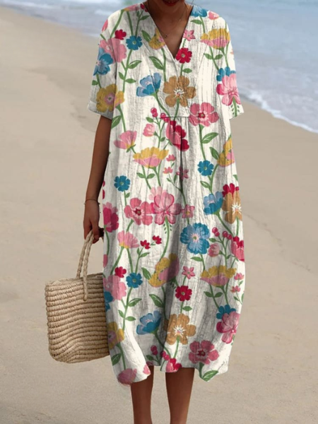 Floral V-Neck Midi Dress - Short Sleeve Summer Occasion Dress | Meave & Ivy
