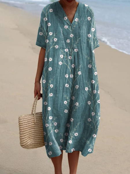Floral V-Neck Midi Dress - Short Sleeve Summer Occasion Dress | Meave & Ivy
