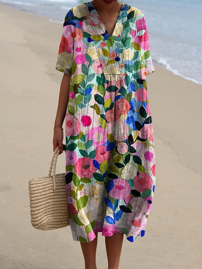 Floral V-Neck Midi Dress - Short Sleeve Summer Occasion Dress | Meave & Ivy