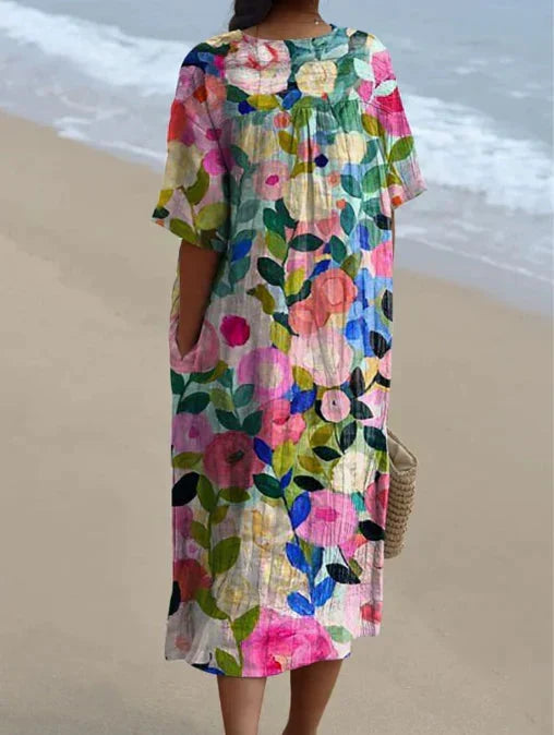 Floral V-Neck Midi Dress - Short Sleeve Summer Occasion Dress | Meave & Ivy