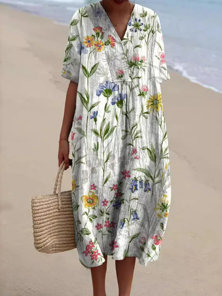 Floral V-Neck Midi Dress - Short Sleeve Summer Occasion Dress | Meave & Ivy