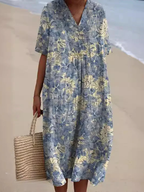 Floral V-Neck Midi Dress - Short Sleeve Summer Occasion Dress | Meave & Ivy