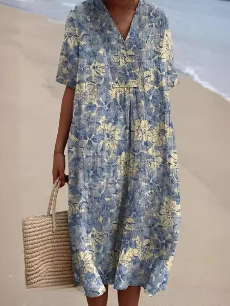 Floral V-Neck Midi Dress - Short Sleeve Summer Occasion Dress | Meave & Ivy