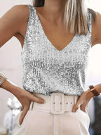 Sequin V-Neck Tank Top - Sleeveless Evening Party Top | Meave & Ivy