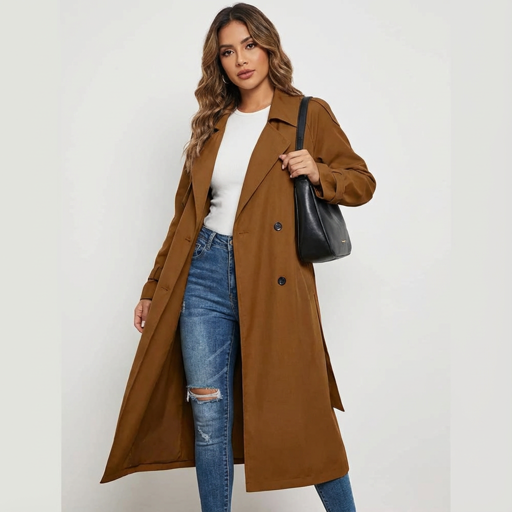 Long Classic Trench Coat with Button Placket