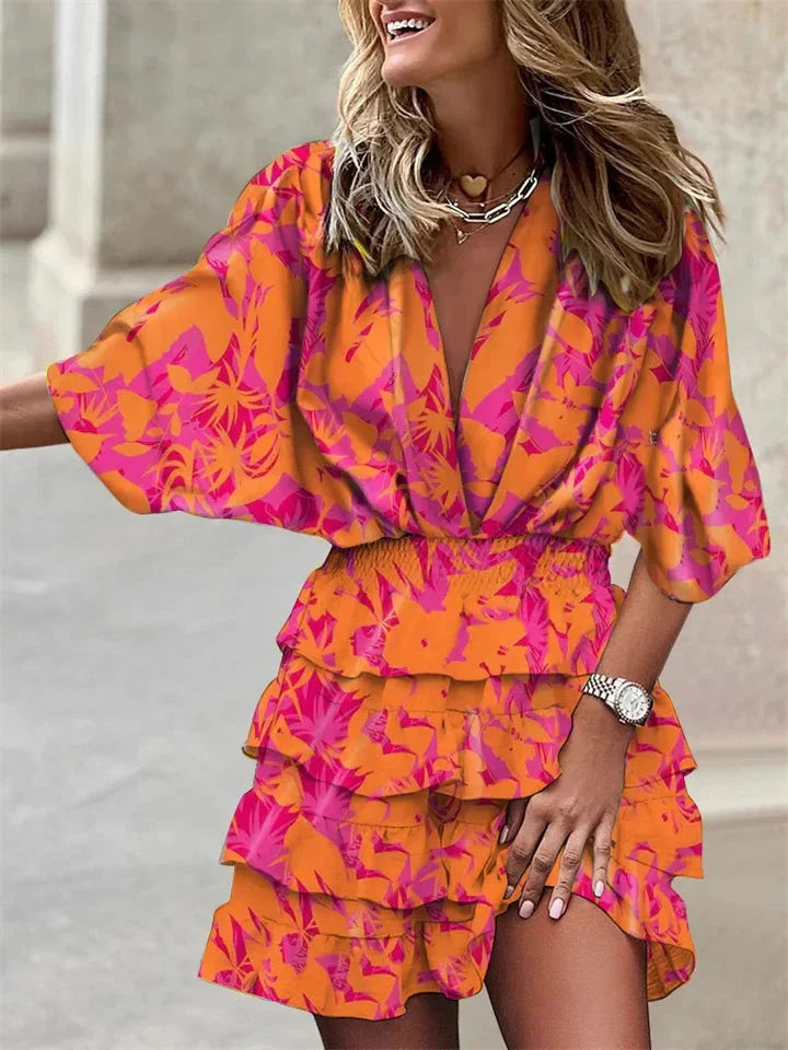 V-Neck Ruffle Summer Dress - Short Sleeve Casual Midi | Meave & Ivy