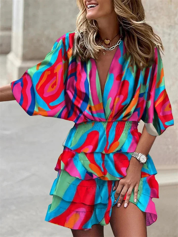 V-Neck Ruffle Summer Dress - Short Sleeve Casual Midi | Meave & Ivy