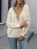 Women's Deep V-Neck Sweater with Diamond Openwork Sleeves