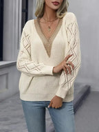 Women's Deep V-Neck Sweater with Diamond Openwork Sleeves