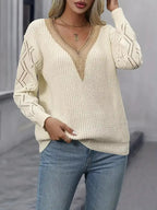 Women's Deep V-Neck Sweater with Diamond Openwork Sleeves