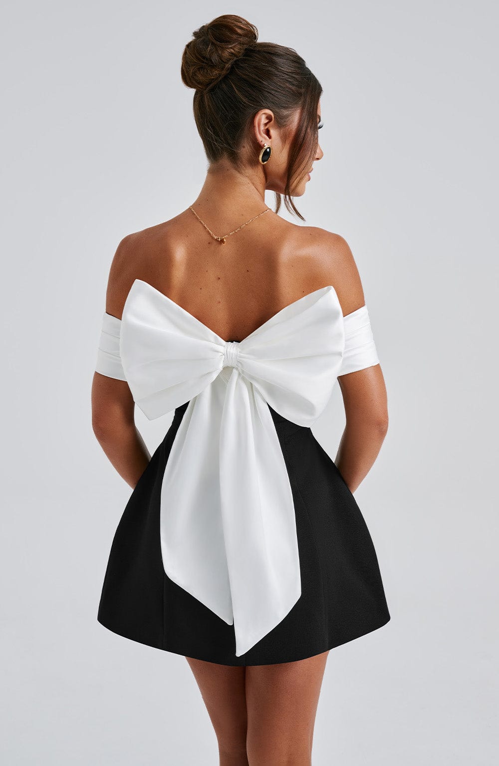 Bardot Mini Dress with Back Bow & Bubble Skirt – Romantic Party Dress