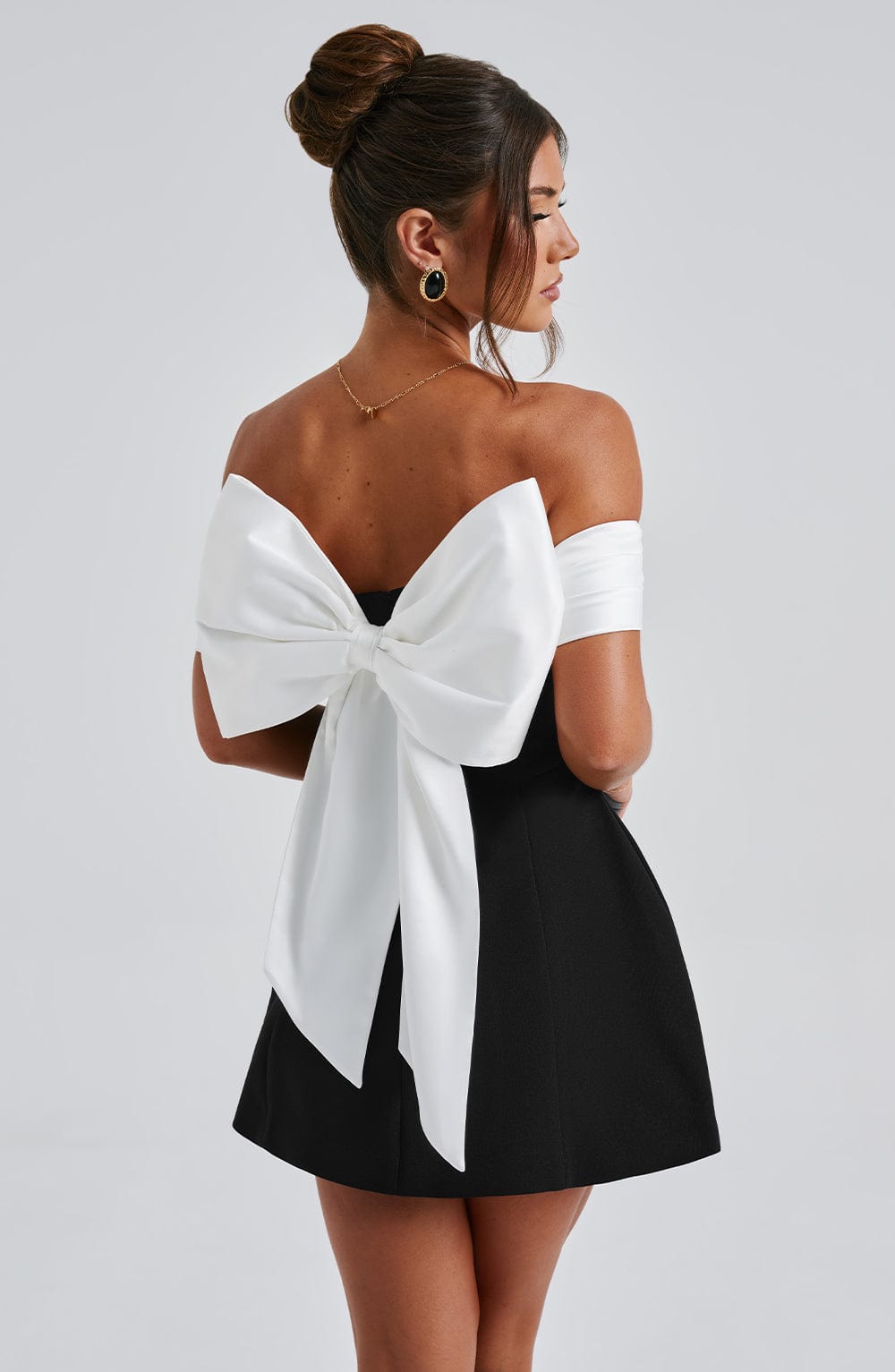 Bardot Mini Dress with Back Bow & Bubble Skirt – Romantic Party Dress