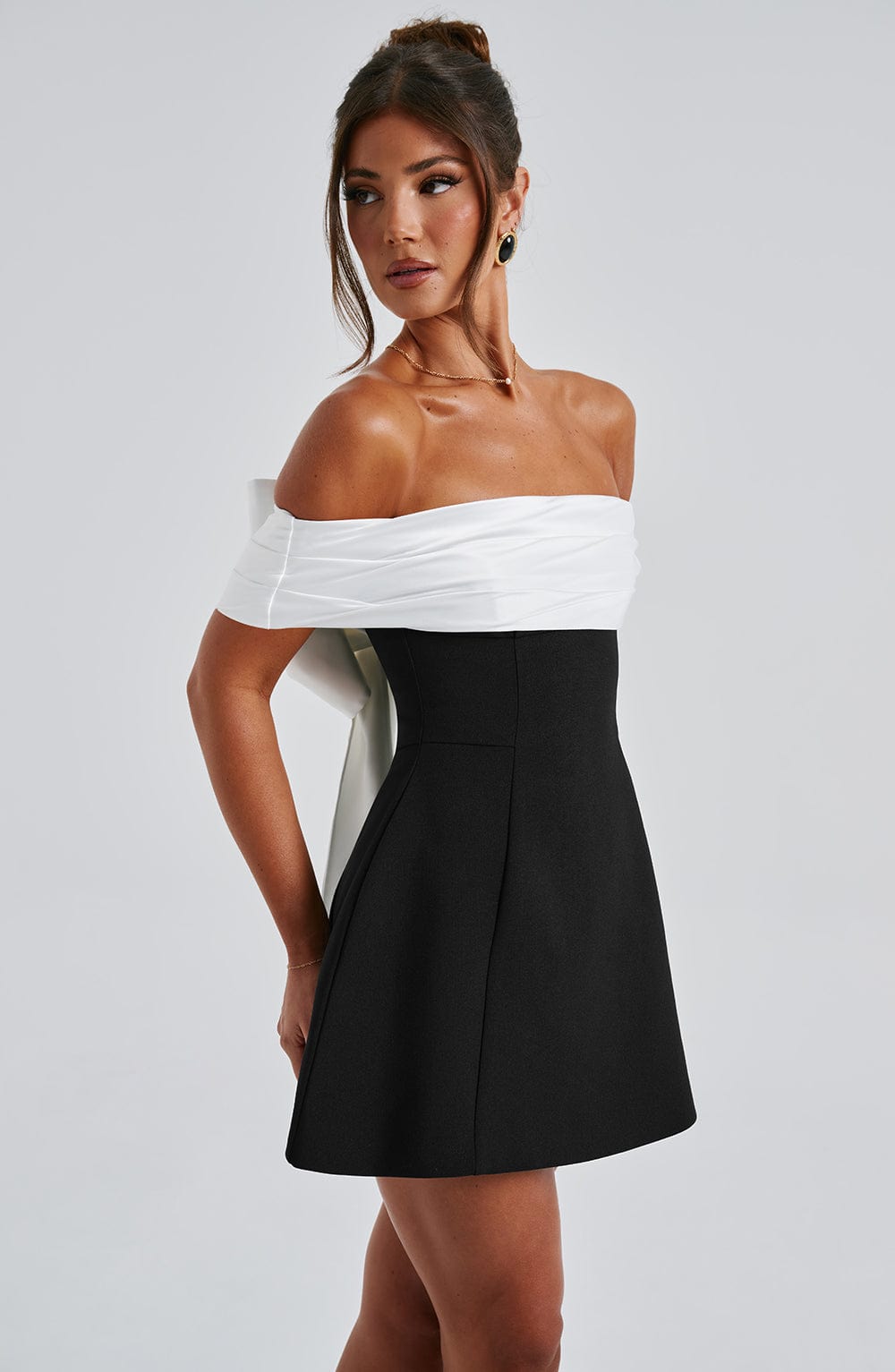Bardot Mini Dress with Back Bow & Bubble Skirt – Romantic Party Dress