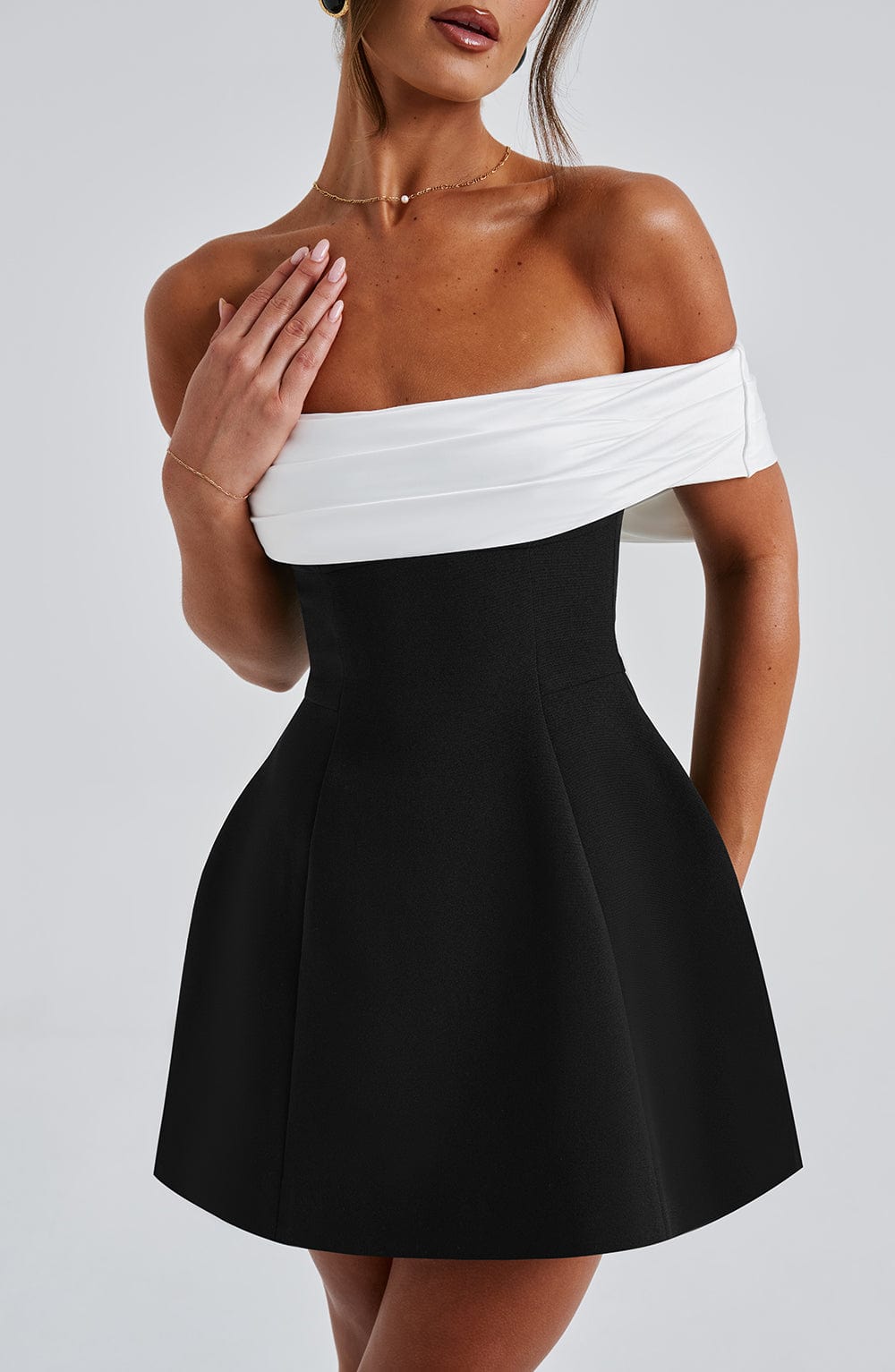 Bardot Mini Dress with Back Bow & Bubble Skirt – Romantic Party Dress