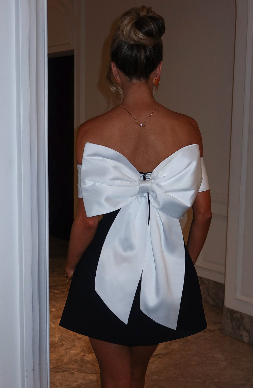 Bardot Mini Dress with Back Bow & Bubble Skirt – Romantic Party Dress