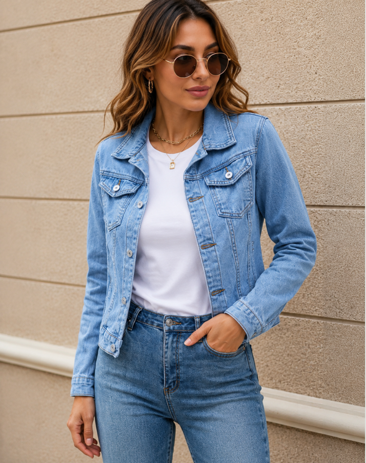 Cropped Denim Jacket with Buttons & Chest Pockets – 7 Colours