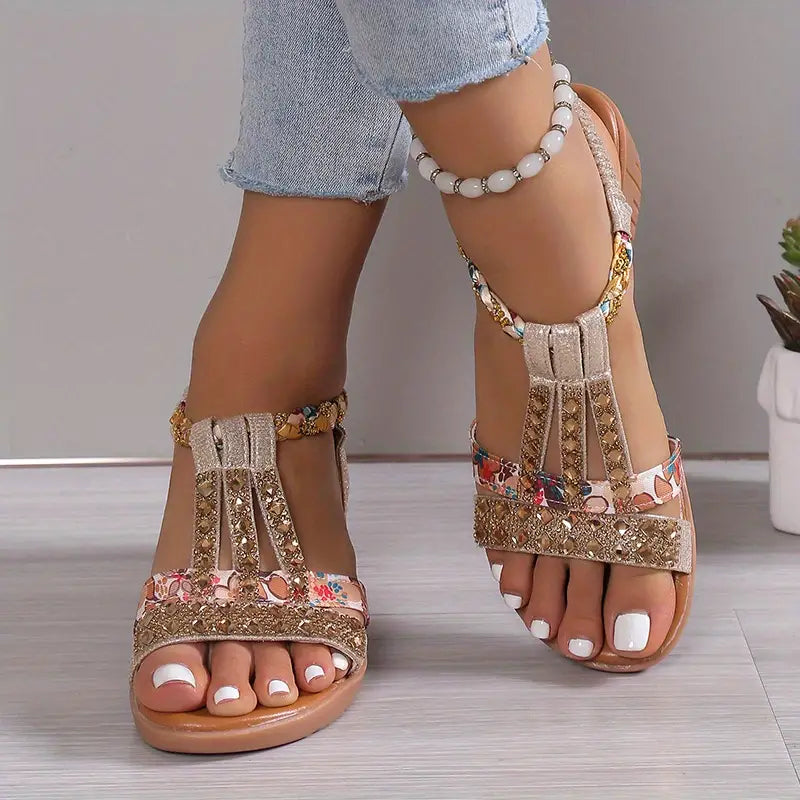 Women's Embellished Wedge Sandals with Open Toes and Decorative Straps