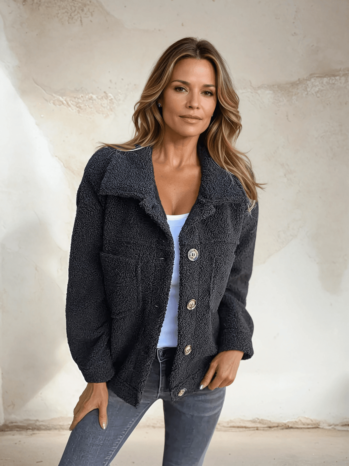 Women's Elegant Textured Wool Blend Jacket with Classic Shirt Collar