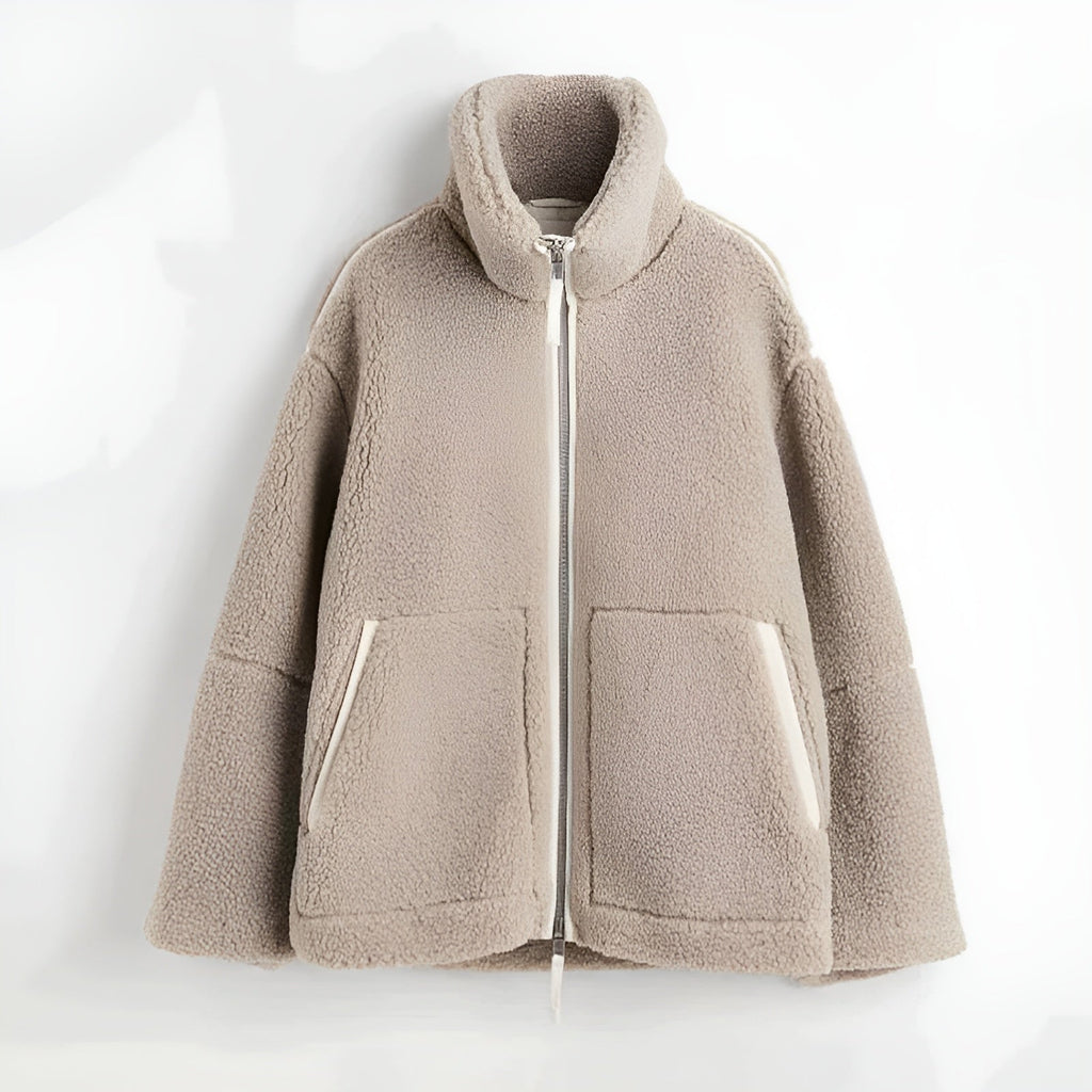 Plush Teddy Jacket with Stand Collar – Natural Tones