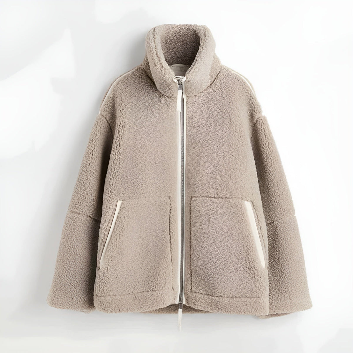 Plush Teddy Jacket with Stand Collar – Natural Tones