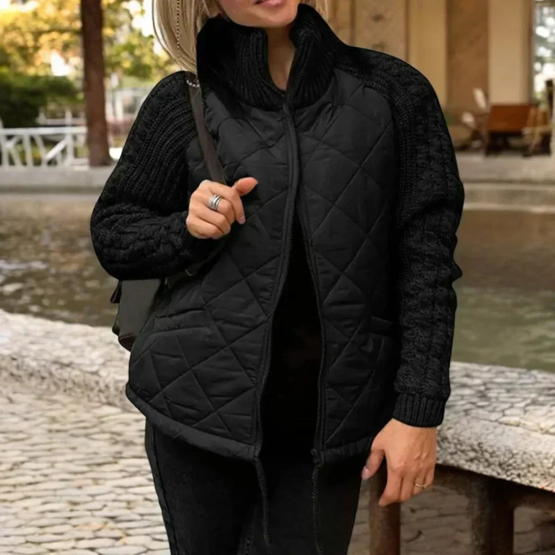 Women's Quilted Zip-Up Jacket with Knitted Sleeves and Stand Collar