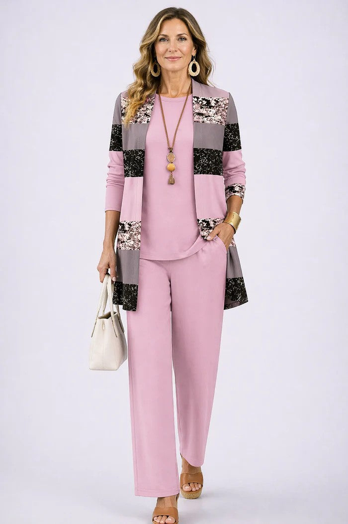 Women's Three-Piece Set – Cardigan, Top & Trousers