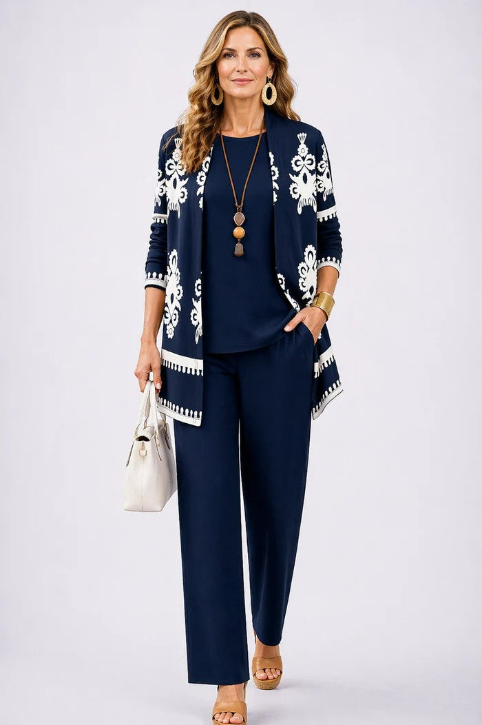 Women's Three-Piece Set – Cardigan, Top & Trousers