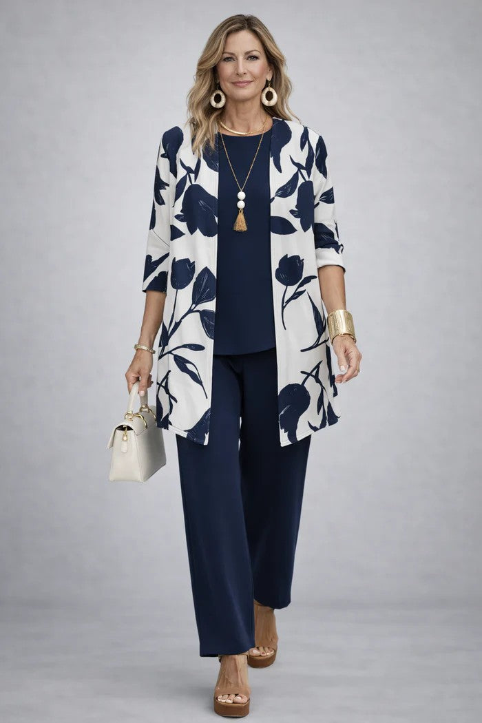 Women's Three-Piece Set – Cardigan, Top & Trousers
