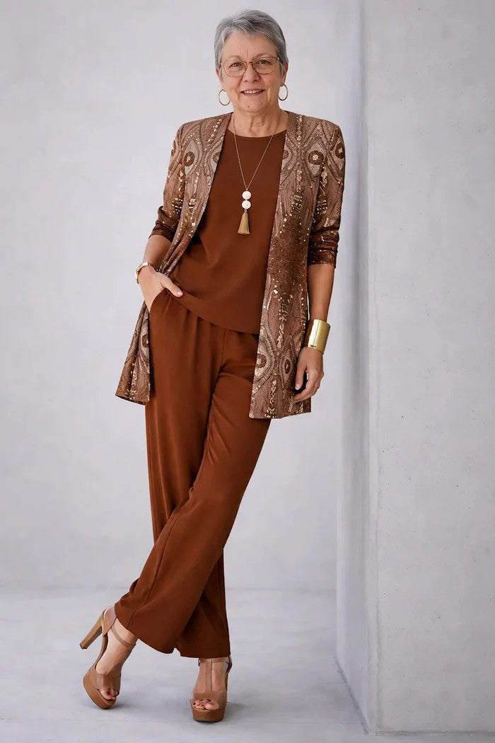 Women's Three-Piece Set – Cardigan, Top & Trousers