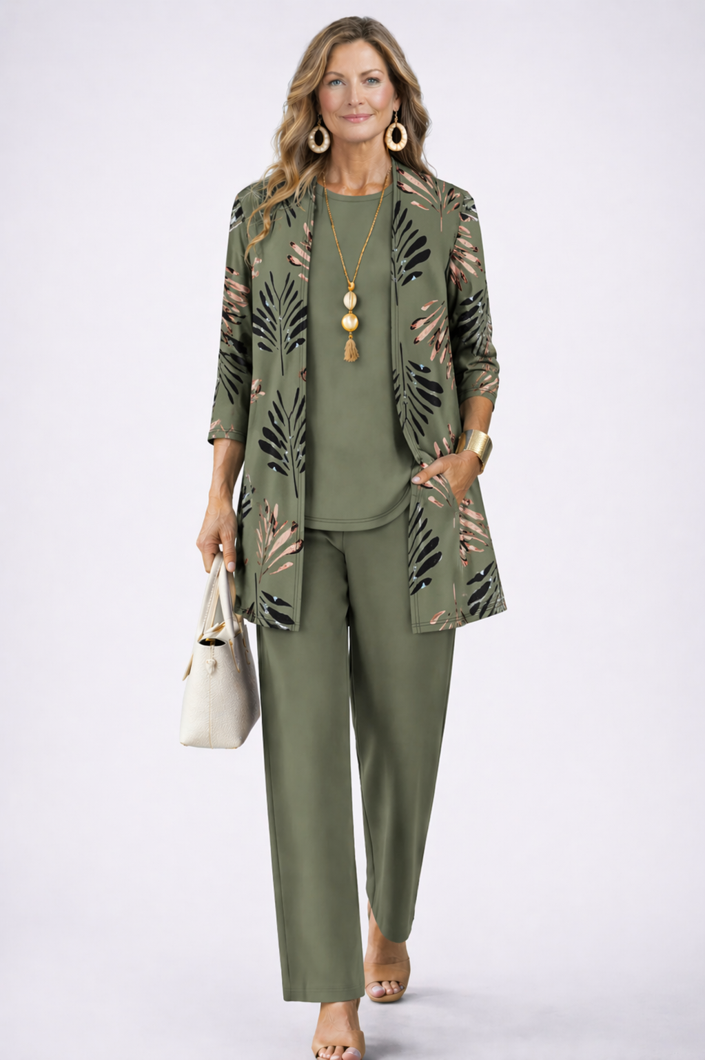 Women's Three-Piece Set – Cardigan, Top & Trousers